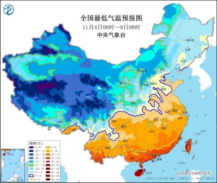 圖2 全國最低氣溫預(yù)報圖(11月4日08時-8日08時)