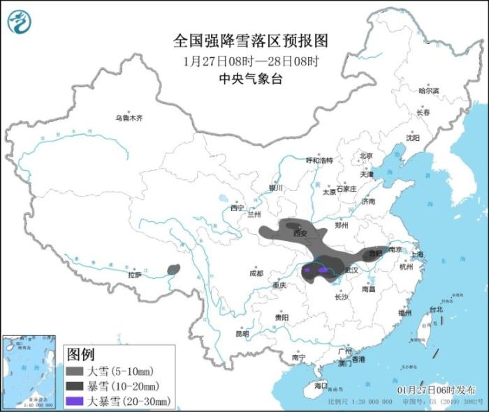 全國(guó)強(qiáng)降雪落區(qū)預(yù)報(bào)圖(1月27日8時(shí)-28日8時(shí))