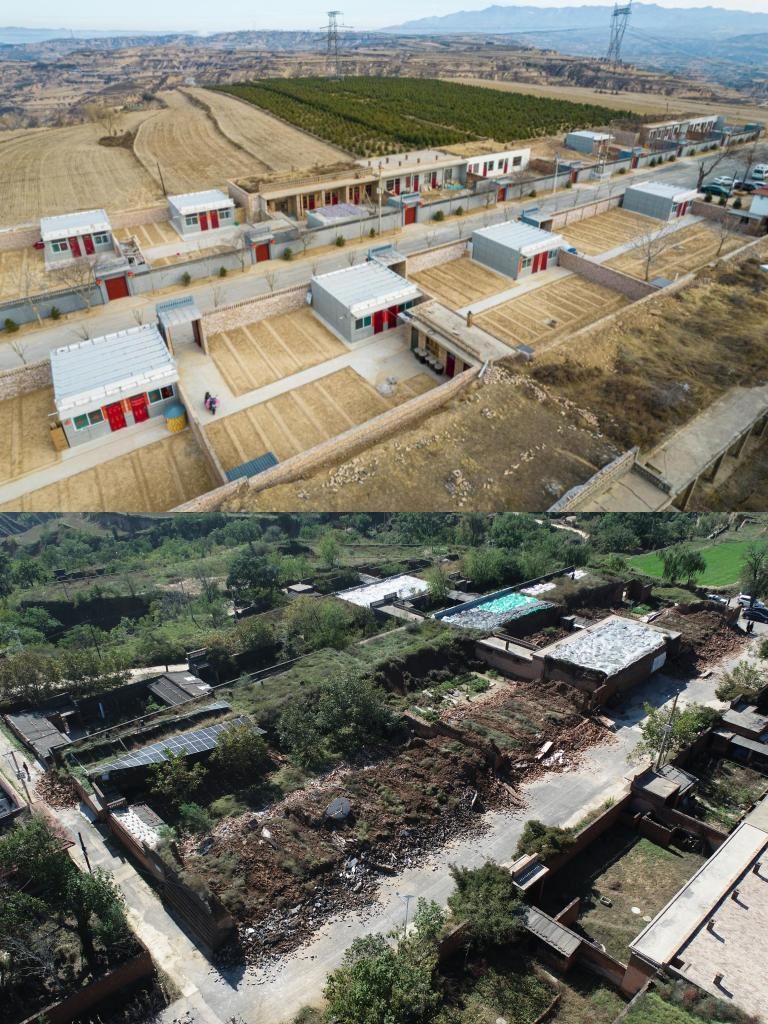 拼版照片，上圖是2022年1月山西省霍州市師莊鄉(xiāng)馮南垣村災(zāi)后恢復(fù)重建后的場景，下圖是2021年10月村莊因災(zāi)受損的場景。(霍州市委宣傳部供圖)