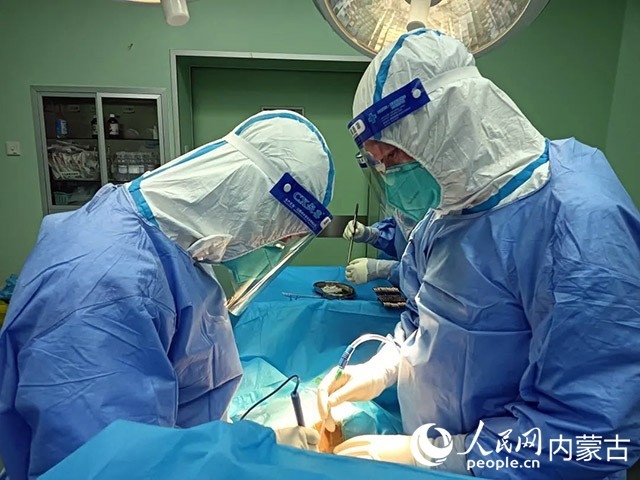 醫(yī)護(hù)人員正在為新冠肺炎合并腸梗阻腸穿孔的尿毒癥患者實(shí)施急診手術(shù)。呼和浩特市第一醫(yī)院供圖