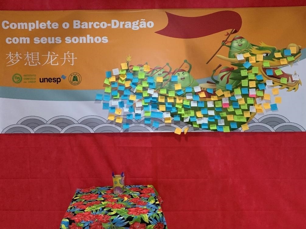 活動現(xiàn)場設(shè)置了“夢想龍舟”環(huán)節(jié)，大家將自己寫下的心愿貼在“龍舟”上，期盼“龍舟”承載自己的夢想駛向更美好的未來。（圣保羅州立大學(xué)孔子學(xué)院供圖）