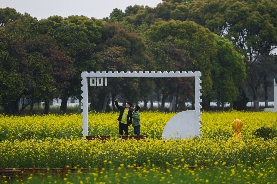  游客在浙江嘉興市秀洲區(qū)王店鎮(zhèn)鎮(zhèn)中村的“青青樂地”農(nóng)耕文化園內(nèi)游玩（2023年4月3日攝）。