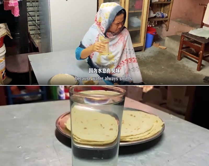 圖為紀(jì)實(shí)短片截圖：上圖為水質(zhì)未改善前，飲用水發(fā)黃渾濁；下圖為水廠建成后，飲用水水質(zhì)明顯改善，清澈透明。