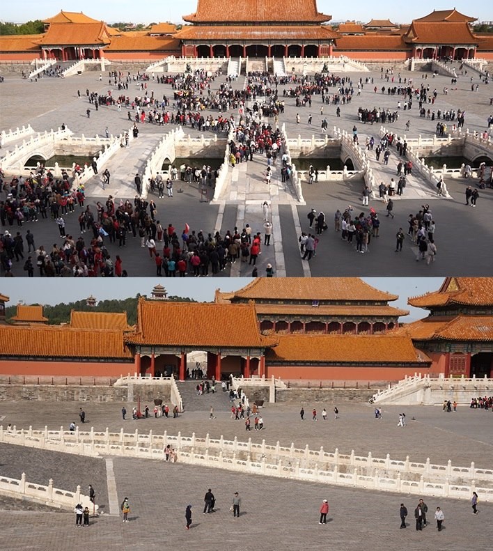 上午9時(shí)和下午13時(shí)的太和門(mén)廣場(chǎng)客流對(duì)比。故宮博物院供圖
