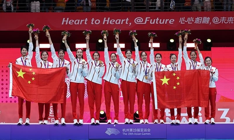 △2023年10月7日，杭州亞運(yùn)會(huì)，中國(guó)女排再創(chuàng)佳績(jī)，以六戰(zhàn)全勝第九次摘得亞運(yùn)金牌。
