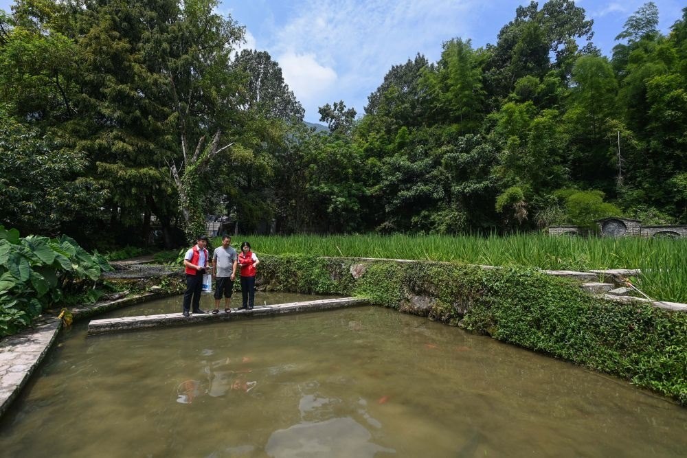 2023年8月17日，浙江省麗水市青田縣方山鄉(xiāng)田魚(yú)養(yǎng)殖戶吳勇強(qiáng)（中）在接受青田農(nóng)商銀行“小蜻蜓”服務(wù)隊(duì)志愿者提供的“惠民易貸”上門(mén)服務(wù)。近年來(lái)，青田縣金融發(fā)展中心聯(lián)合各個(gè)金融機(jī)構(gòu)優(yōu)化配套鄉(xiāng)村振興金融服務(wù)，推出“惠民易貸”“農(nóng)家樂(lè)貸”等金融產(chǎn)品，重點(diǎn)支持涉農(nóng)龍頭企業(yè)及特色種養(yǎng)殖產(chǎn)業(yè)。新華社記者 徐昱 攝