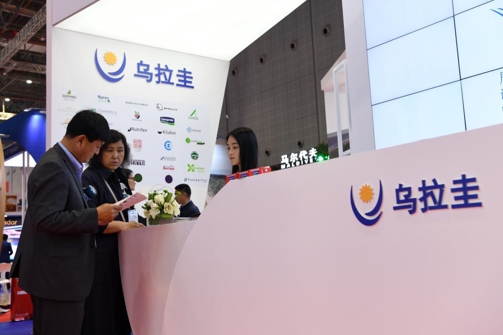 2019年11月6日，參觀者在第二屆進博會烏拉圭國家館展臺咨詢。