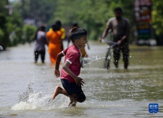 11月24日，一名男孩在斯里蘭卡加姆珀哈涉水出行。新華社發(fā)（阿吉特·佩雷拉攝）
