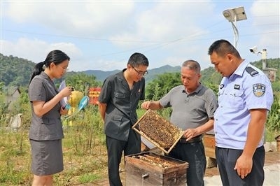  圖②：蒙山法院黃村法庭法官深入蜂蜜合作社，實(shí)地了解蜂農(nóng)需求。