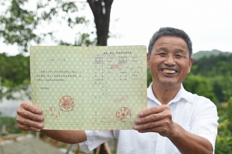 福建武平縣萬安鎮(zhèn)捷文村村民李桂林展示林權改革后領到的全國第一本新式林權證。