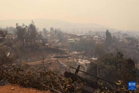 這是2月3日在智利瓦爾帕萊索大區(qū)比尼亞德爾馬市拍攝的在森林火災(zāi)中燒毀的房屋。新華社發(fā)