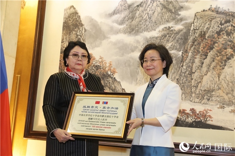 沈大使向?qū)殑跔柆敚ㄗ螅┟貢L轉(zhuǎn)交捐款。人民網(wǎng)記者 霍文攝