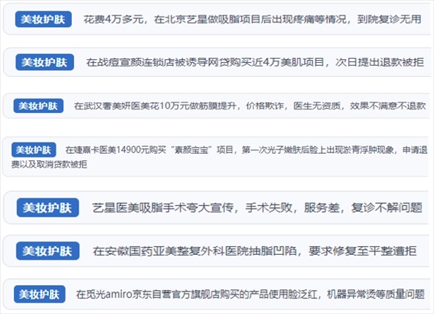 “人民投訴”用戶舉報(bào)醫(yī)美未達(dá)預(yù)期效果或?qū)е律眢w損傷退款遭拒、機(jī)構(gòu)及服務(wù)人員虛假資質(zhì)、被誘導(dǎo)高額醫(yī)美貸、網(wǎng)購美容儀器質(zhì)量不過關(guān)等問題。（“人民投訴”平臺(tái)截圖）