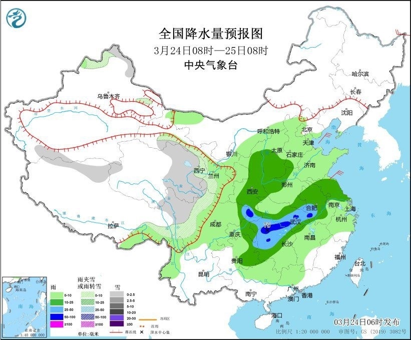 全國(guó)降水量預(yù)報(bào)圖(3月24日08時(shí)-25日08時(shí))。圖片來(lái)源：中央氣象臺(tái)網(wǎng)站