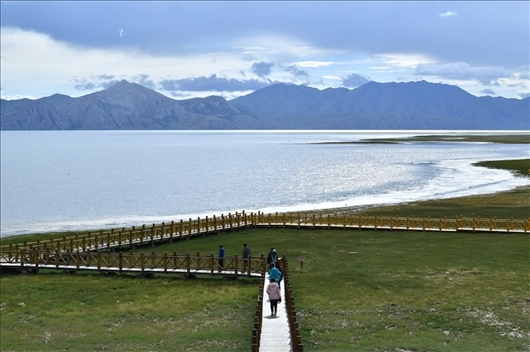 △ 游客行走在青海瑪多縣冬格措納湖畔的木棧道上。