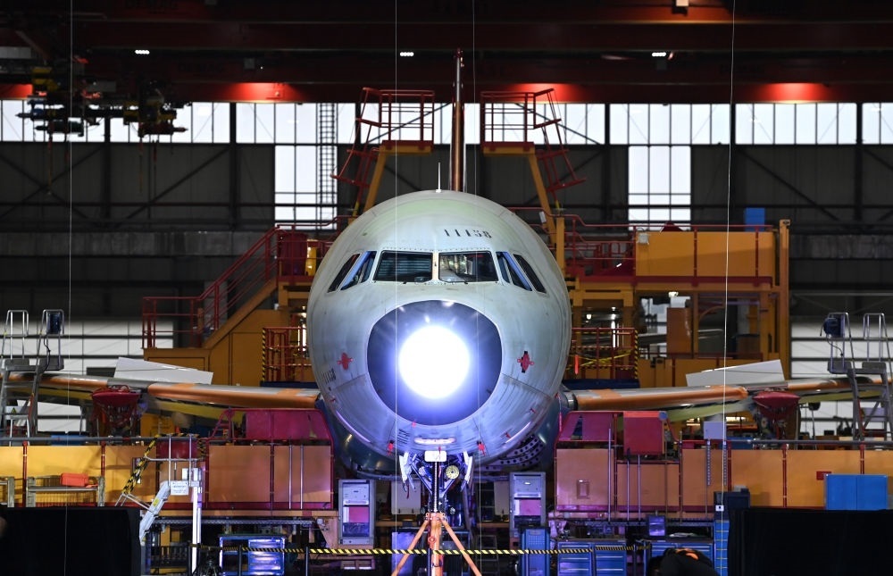 2022年11月9日，在空客天津總裝線，其首架空客A321飛機(jī)上線開始總裝。新華社記者 趙子碩 攝