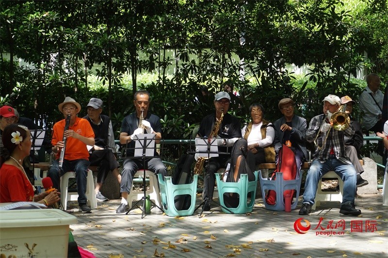 成都居民在公園里演奏歌曲。人民網(wǎng) 王禹蘅攝