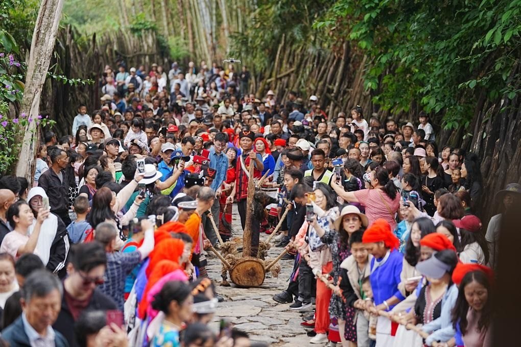 5月3日，各地游客在滄源縣翁丁村和村民一起參加佤族傳統(tǒng)民俗拉木鼓活動(dòng)。（滄源縣融媒體中心供圖）