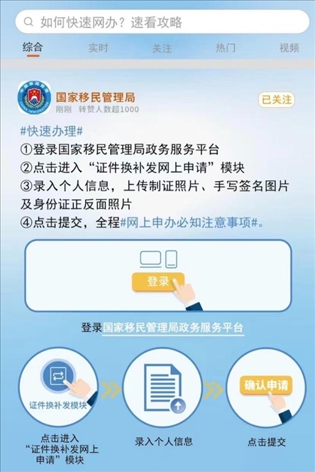 國家移民管理局出入境證件“全程網(wǎng)辦”流程。圖片來源：微信公眾號(hào)“國家移民管理局”