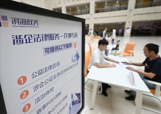 在天津濱海新區(qū)政務服務中心，工作人員在“涉企法律服務一件事”專區(qū)為市民提供服務（2024年7月31日攝）。新華社記者 趙子碩 攝