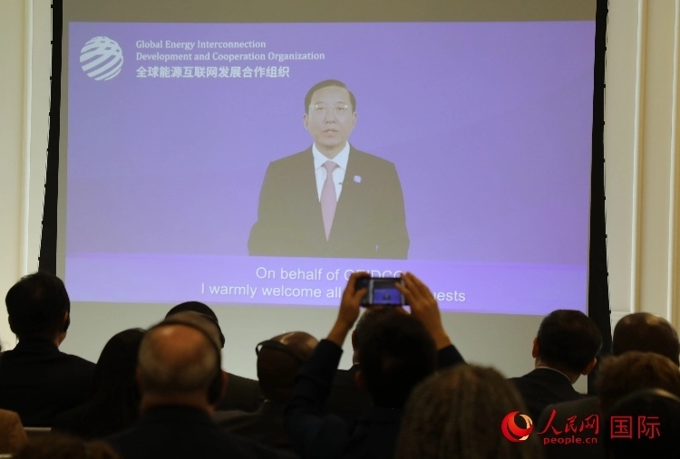 全球能源互聯(lián)網(wǎng)發(fā)展合作組織主席、中國電力企業(yè)聯(lián)合會理事長辛保安通過視頻方式致辭。人民網(wǎng)記者 李志偉攝