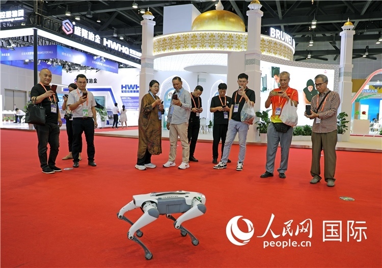 東博會上，觀眾正在參觀一只機器狗。綠色能源、新能源汽車、綠色農(nóng)產(chǎn)品等成為本屆東博會觀眾關(guān)注的焦點。人民網(wǎng)記者 趙益普攝
