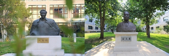 拼版照片：左圖為中央黨校（國家行政學(xué)院）校園內(nèi)的焦裕祿雕塑；右圖為中央黨校（國家行政學(xué)院）校園內(nèi)的谷文昌雕塑。