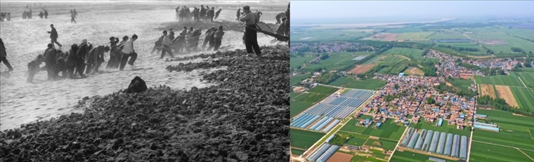 拼版照片：左圖為蘭考群眾在拉淤土壓沙（新華社記者 鄧歷耕 攝）；右圖為2024年4月25日拍攝的蘭考縣張莊村（無人機照片，新華社記者 郝源 攝）。