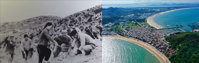 拼版照片：左圖為東山縣群眾在荒山上種植樹苗（資料照片）；右圖為2020年6月18日拍攝的東山縣陳城鎮(zhèn)澳角村附近風(fēng)光（無人機照片，新華社記者 姜克紅 攝）。