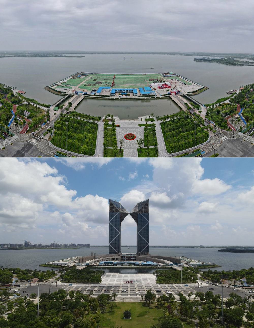 拼版照片：空中俯瞰中國（上海）自由貿(mào)易試驗區(qū)臨港新片區(qū)滴水湖西島中銀金融中心項目現(xiàn)場（上圖為2021年6月20日攝，無人機照片；下圖為2024年8月14日攝，無人機照片）。2019年8月20日，臨港新片區(qū)揭牌成立，一個開放新高地在長江與東海交匯處日益崛起。