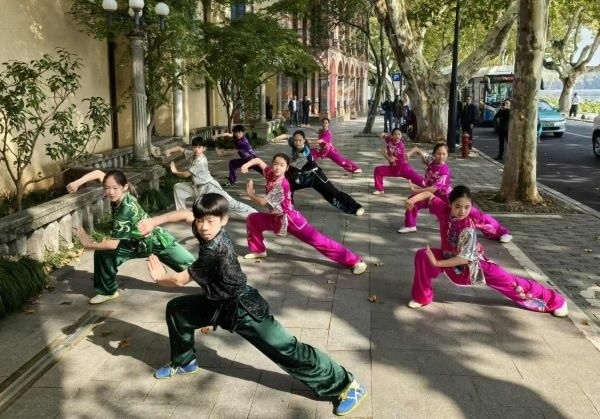 杭州市陳經(jīng)綸體校武術(shù)隊學生們展示中華武術(shù)。 人民網(wǎng)記者 楊磊攝