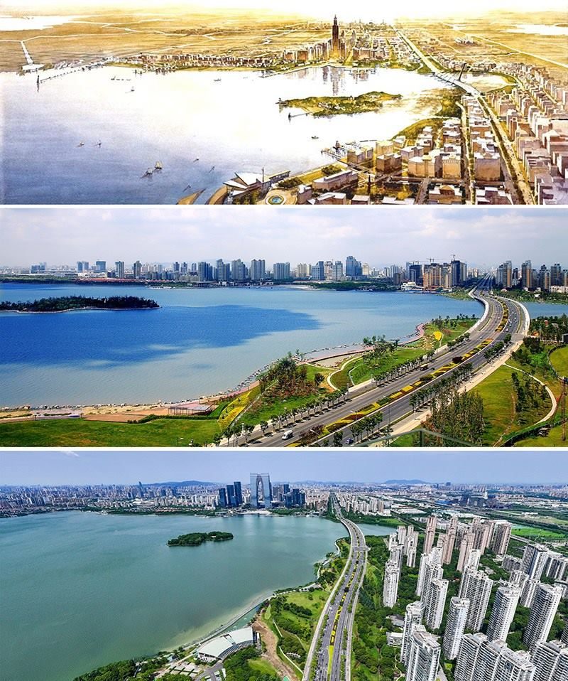 拼版照片：上圖為1994年繪制的蘇州工業(yè)園區(qū)手繪規(guī)劃圖；中圖為2007年拍攝的蘇州工業(yè)園區(qū)；下圖為2023年7月4日用無人機(jī)拍攝的蘇州工業(yè)園區(qū)。