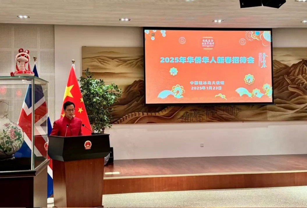 中國(guó)駐冰島大使何儒龍致辭。中國(guó)駐冰島大使館供圖