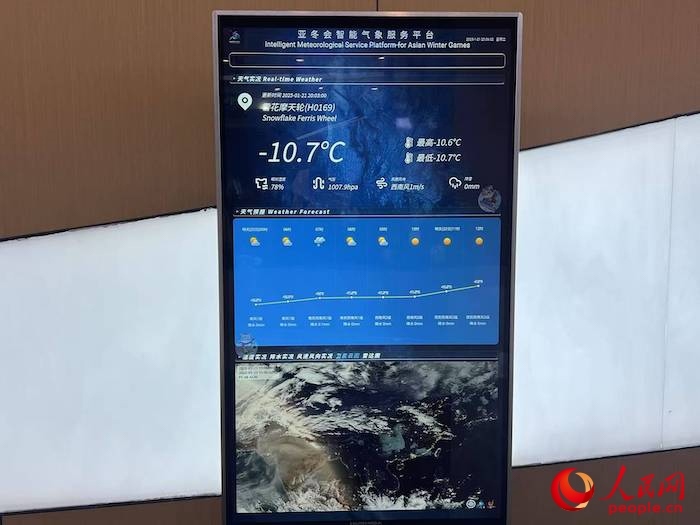 摩天輪等候大廳實時顯示的氣象信息。人民網(wǎng) 高清揚攝