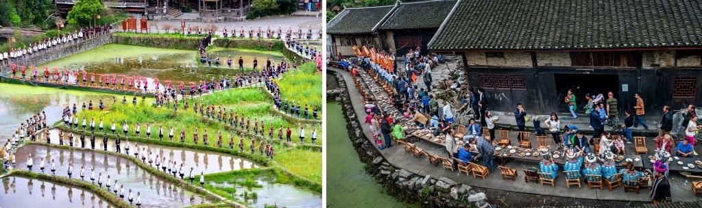 左圖：近期，人們在黎平縣肇興侗寨的田園里演唱侗族大歌（黎平縣委宣傳部供圖）；右圖：這是2023年拍攝的十八洞村長桌宴（湘西州委宣傳部供圖）。