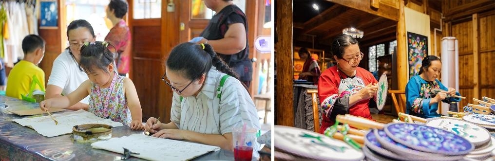 左圖：近期，游客在黎平縣肇興侗寨體驗(yàn)非遺蠟染藝術(shù)（黎平縣委宣傳部供圖）；右圖：這是2024年拍攝的繡娘在十八洞村梨子寨苗繡鄉(xiāng)村振興示范基地制作苗繡產(chǎn)品（湘西州委宣傳部供圖）。
