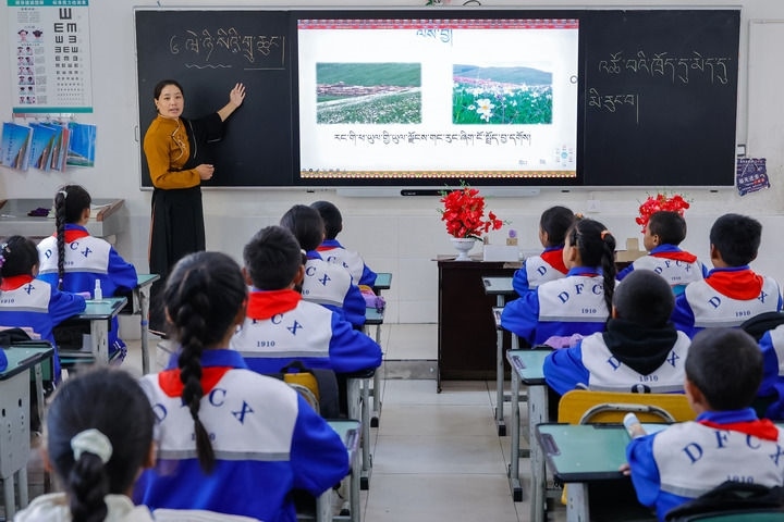 2024年9月27日，在四川省甘孜藏族自治州道孚縣城關(guān)第一完全小學(xué)，采取“藏加模式”教學(xué)的五年級一班的藏語文課上，準木周老師指導(dǎo)藏族學(xué)生以家鄉(xiāng)草原風(fēng)物為主題寫作藏語文作文。新華社記者 沈伯韓 攝