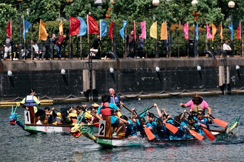 中英雙方的參賽隊(duì)伍參與龍舟競(jìng)渡。楊浩鵬攝