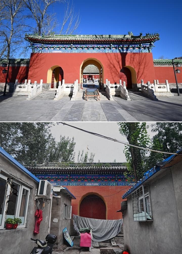 位于先農(nóng)壇內(nèi)的慶成宮，曾長時間被雜亂的民居占據(jù)。在北京中軸線申遺保護(hù)工作的帶動下，北京完成了慶成宮區(qū)域文物征收騰退、非文物建筑拆除、彩畫保護(hù)、本體修繕、展覽布陳等，讓560多年歷史的古建群重新回歸。2024年12月，北京中軸線上先農(nóng)壇內(nèi)的慶成宮首次面向社會公眾開放。上圖為騰退修繕后的慶成宮內(nèi)宮門（資料照片）；下圖為翻拍的慶成宮內(nèi)宮門騰退修繕前的資料照片（2024年12月21日攝）。